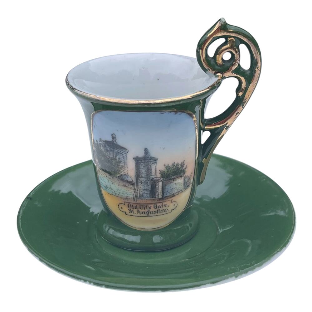 Vintage St Augustine Old City Gate Demitasse Cup & Saucer Germany Green